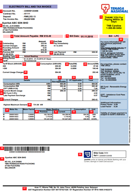 TNB Online Bill Layout Page 1